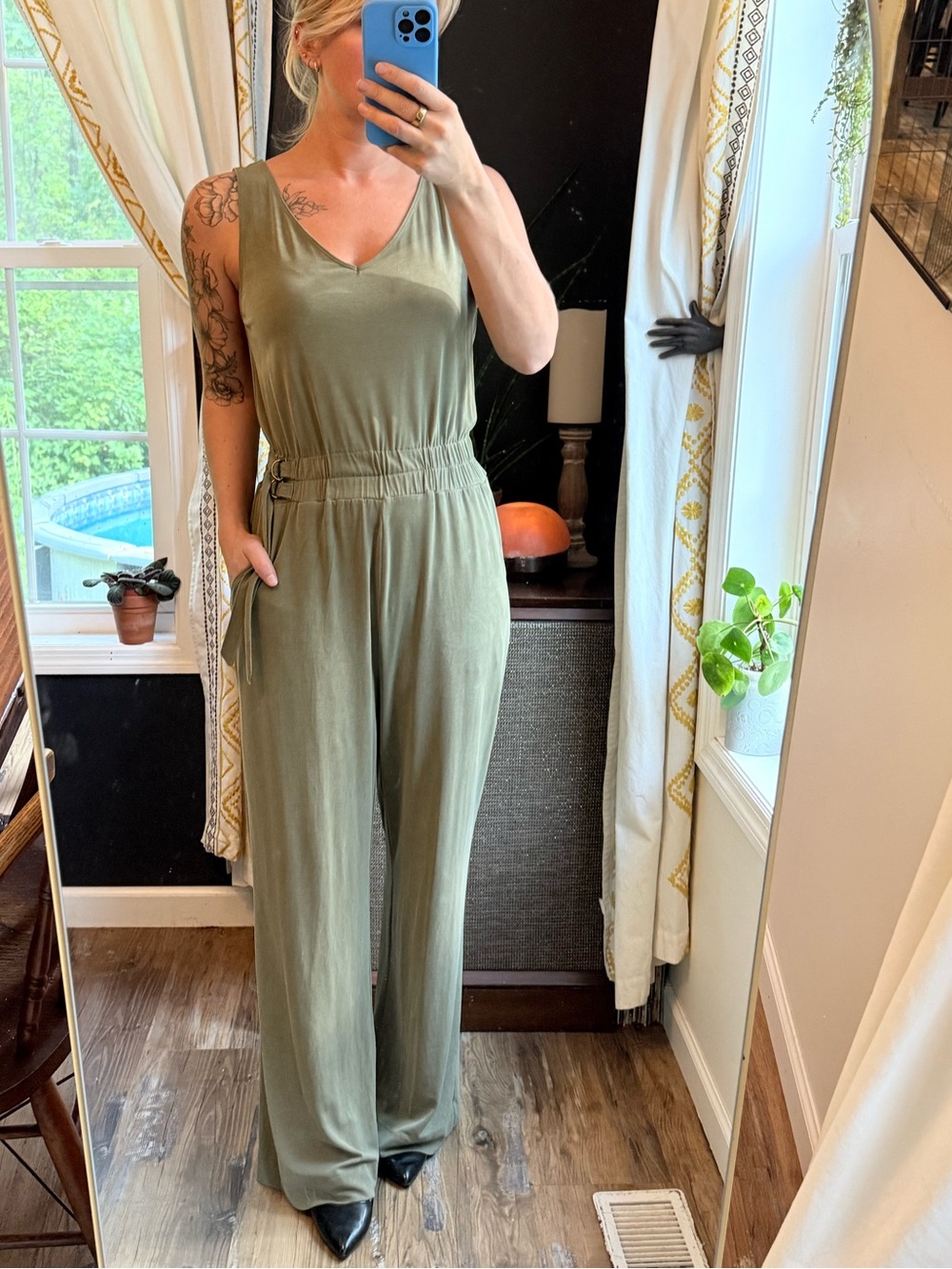 Anthropologie Olive Green Sleeveless Wide-Leg Jumpsuit